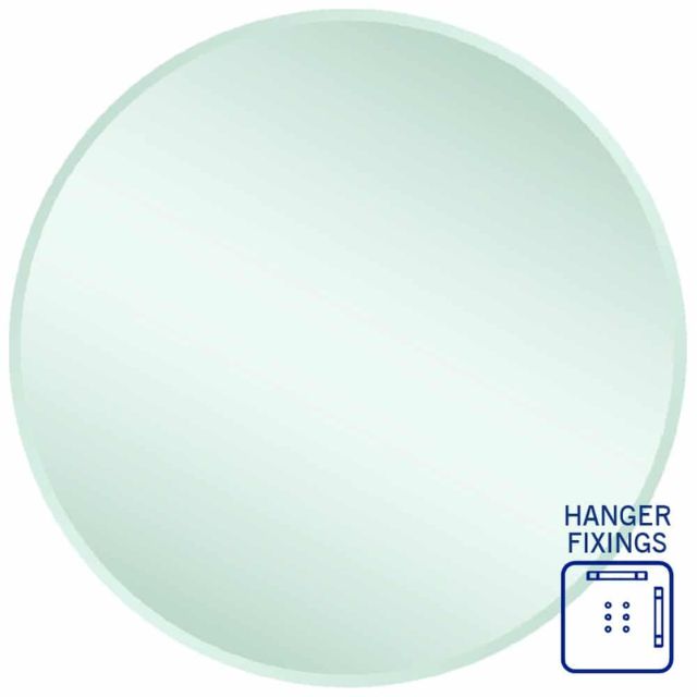 Thermogroup round bevel edge mirror, 900mm, with hanger fixings shown on a white background