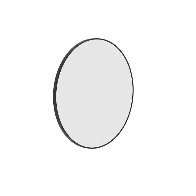 Thermogroup round black framed mirror, 900mm, shown front-on on a white background