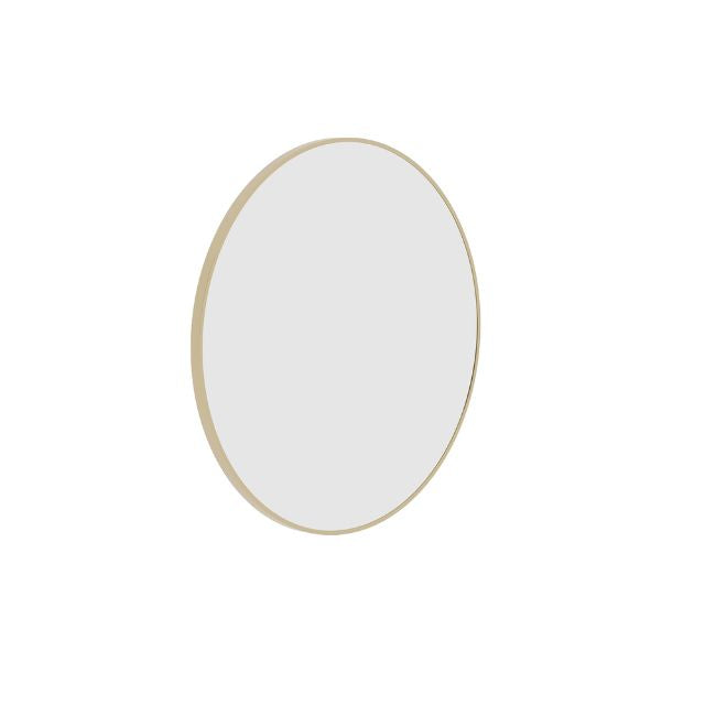 Thermogroup round gold framed mirror, 600mm, with slimline gold edge on a white background