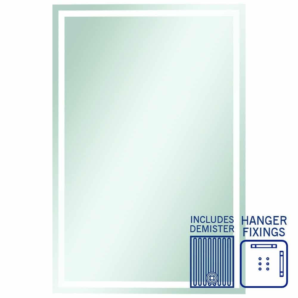 Thermogroup Sierra rectangular mirror with sandblasted border, demister and hanger fixings, white finish