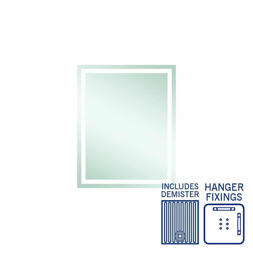 Thermogroup Sierra rectangular mirror with sandblasted border, demister and hanger fixings, white background