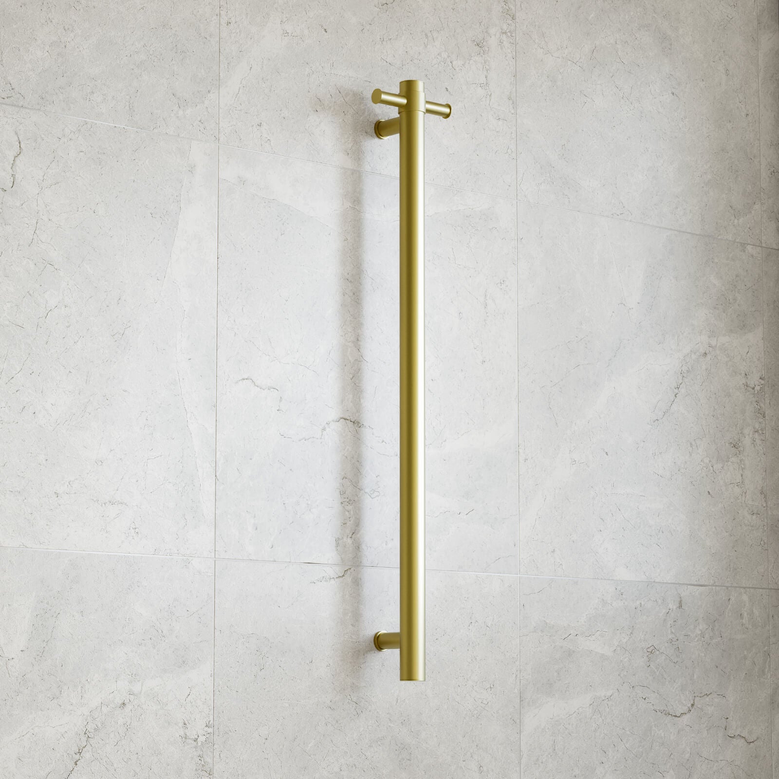 Thermogroup brushed gold round vertical single bar heated towel rail on tiled bathroom wall