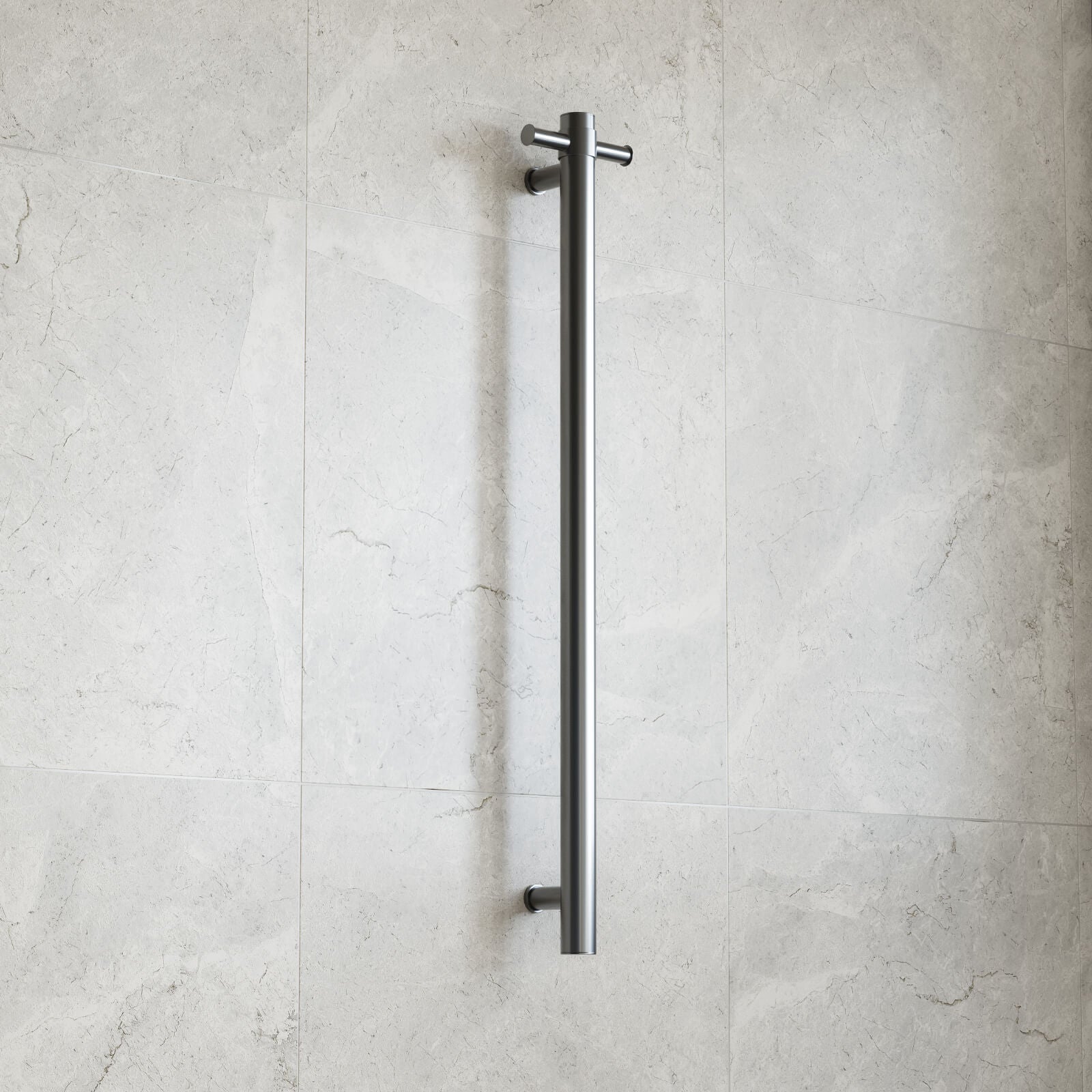 Thermogroup gunmetal round vertical heated towel rail, single bar, wall mounted on light stone bathroom tiles