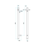 Thermogroup heated towel rail technical drawing, straight round single bar in gunmetal, showing dimensions and side views