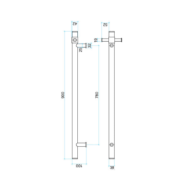 Thermogroup heated towel rail technical drawing, straight round single bar in gunmetal, showing dimensions and side views