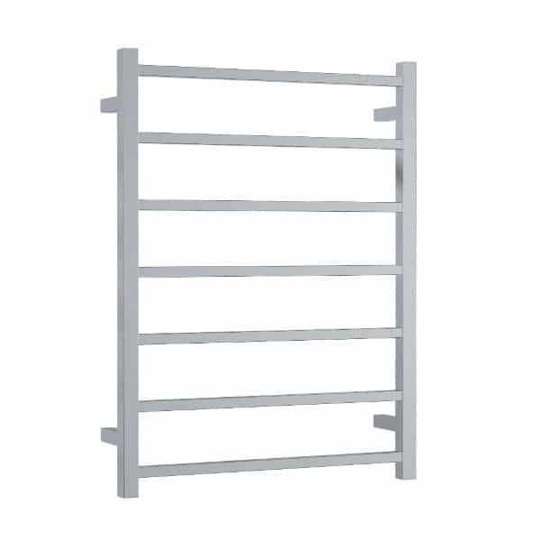 Thermogroup square ladder heated towel rail in polished stainless steel, 7-bar straight wall-mounted design, front view
