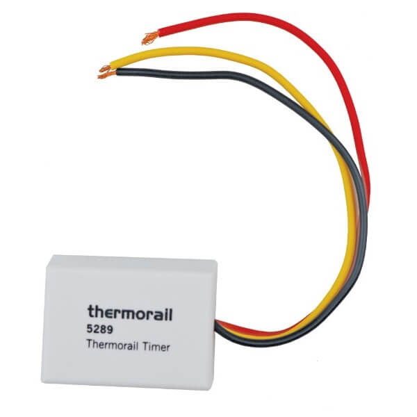 Thermogroup Thermorail Timer module, white rectangular unit with red, yellow and black wires for heated towel rail control