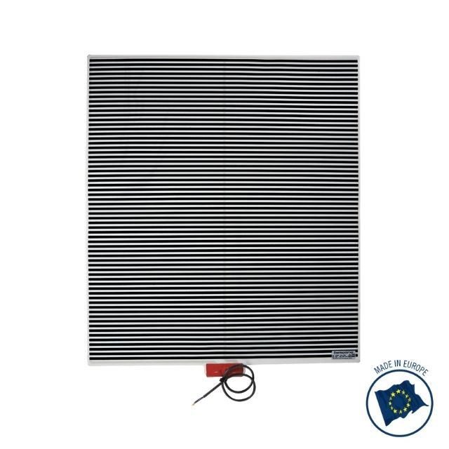 Thermogroup Thermomirror demister pad, black and white striped rectangular backing with wired lead, front view