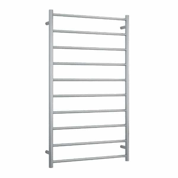Thermogroup brushed stainless heated towel ladder, 10-bar rectangular rail front view