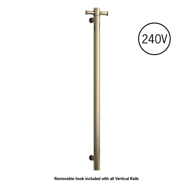 Thermogroup Thermorail brushed brass single vertical heated towel rail, 240V, with removable hook
