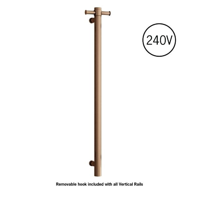 Thermogroup single vertical heated towel rail in brushed bronze, with 240V icon on white background