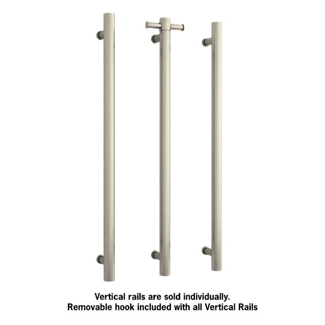 Thermogroup Thermorail brushed nickel vertical heated towel rail set, showing three single rails with removable hook, sold individually