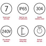 Specification icons for Thermogroup Thermorail: 7 year warranty, IP65, 304 stainless steel, 240V concealed wiring, 38mm vertical bar size