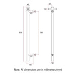 Technical drawing of Thermogroup Thermorail single heated towel rail, 900mm high brushed nickel vertical bar with dimensions in mm