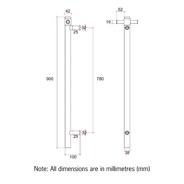 Technical drawing of Thermogroup Thermorail single heated towel rail, 900mm high brushed nickel vertical bar with dimensions in mm