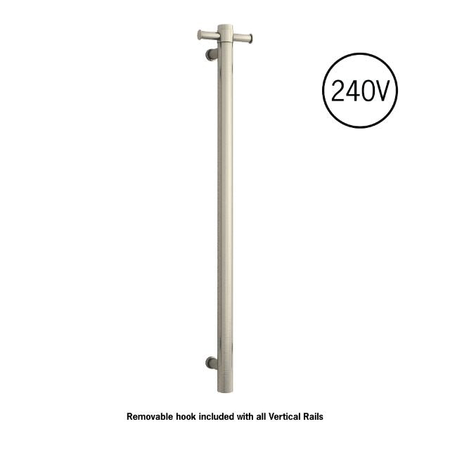 Thermogroup Thermorail single heated towel rail in brushed nickel, vertical 240V wall-mounted rail with hook detail