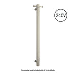 Thermogroup Thermorail single heated towel rail in brushed nickel, vertical 240V wall-mounted rail with hook detail