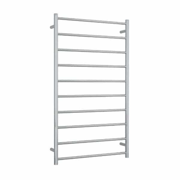 Thermogroup 10 bar polished stainless steel heated towel ladder, front view on white background