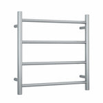 Thermogroup 4-bar round heated towel ladder in brushed stainless steel, front view on white background