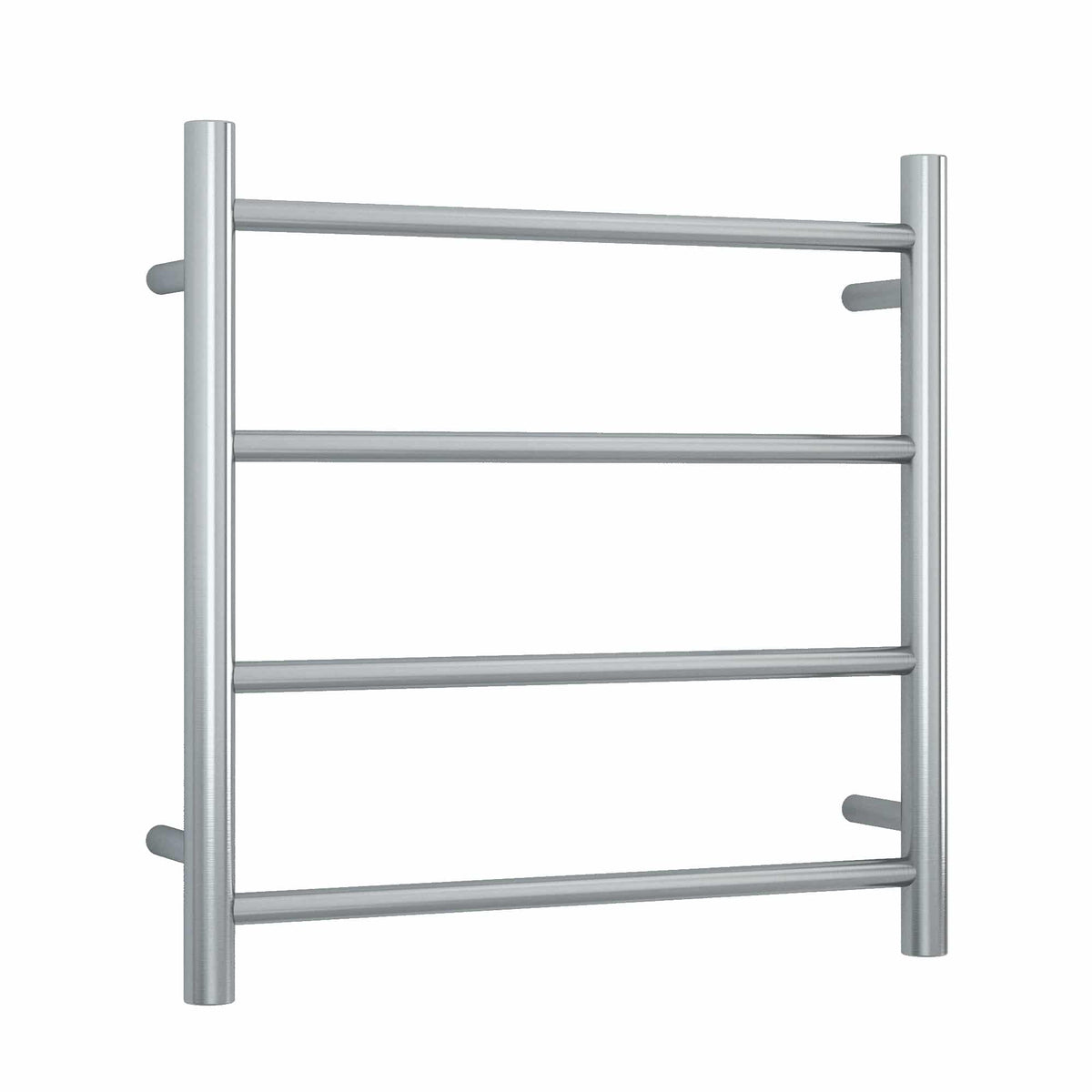 Thermogroup 4-bar round heated towel ladder in brushed stainless steel, front view on white background