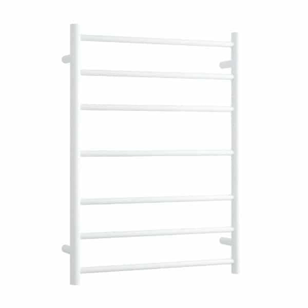 Thermogroup 7 bar heated towel rail in white satin, front view on white background