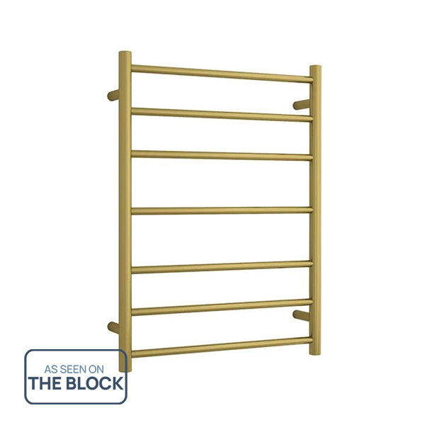 Thermogroup 7 bar heated towel rail in brushed gold, 600mm wide, ladder style on white background