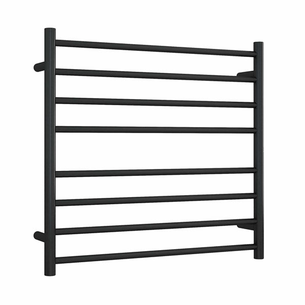 Thermogroup matte black round heated towel ladder with 8 bars, straight wall-mounted rail on white background