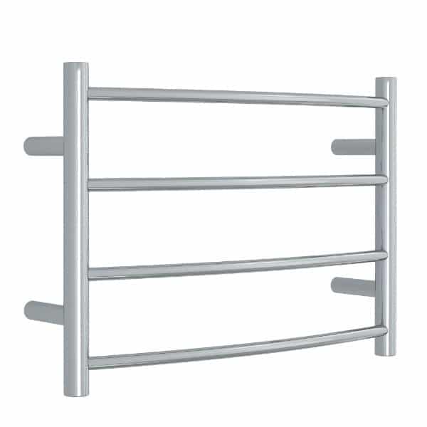 Thermogroup 4 bar curved heated towel rail in polished stainless steel, front view on white background