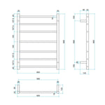 Technical drawing of Thermogroup 7 bar heated towel rail, gun metal, 600mm wide x 800mm high, with dimensions shown