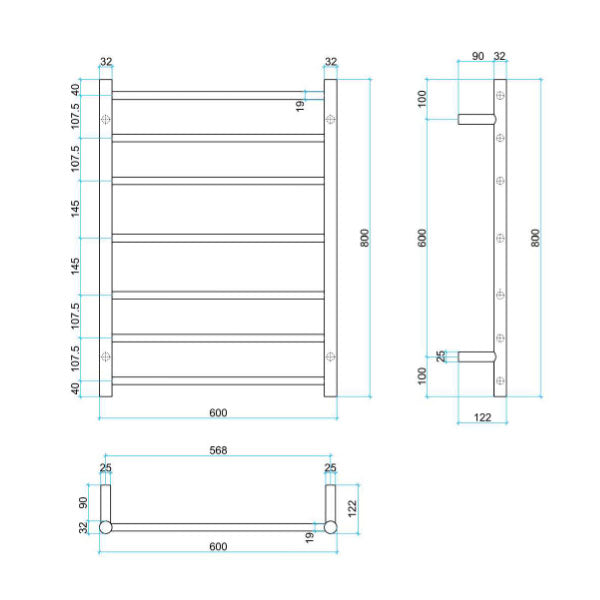 Technical drawing of Thermogroup 7 bar heated towel rail, gun metal, 600mm wide x 800mm high, with dimensions shown