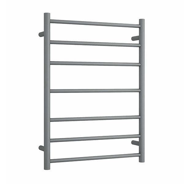 Thermogroup 7-bar heated towel rail in gun metal finish, wall-mounted ladder with round bars on white background