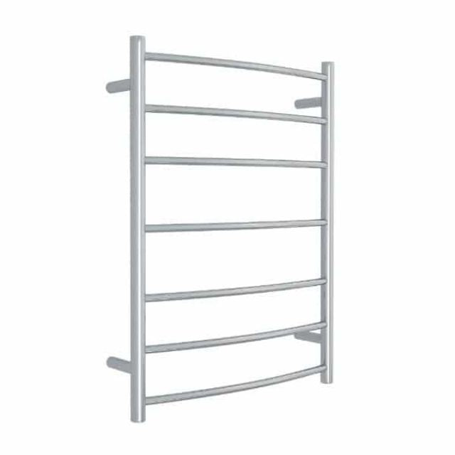 Thermogroup curved stainless steel heated towel rail, 7-bar ladder with round rails, white background