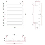 Technical drawing of Thermogroup Thermorail Budget curved heated towel rail, 7 bars, 600 x 800 x 150mm, stainless steel