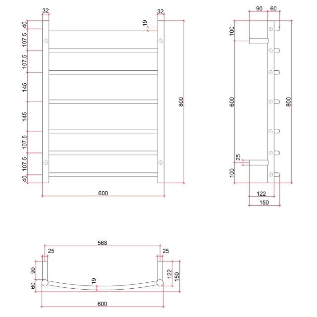 Technical drawing of Thermogroup Thermorail Budget curved heated towel rail, 7 bars, 600 x 800 x 150mm, stainless steel
