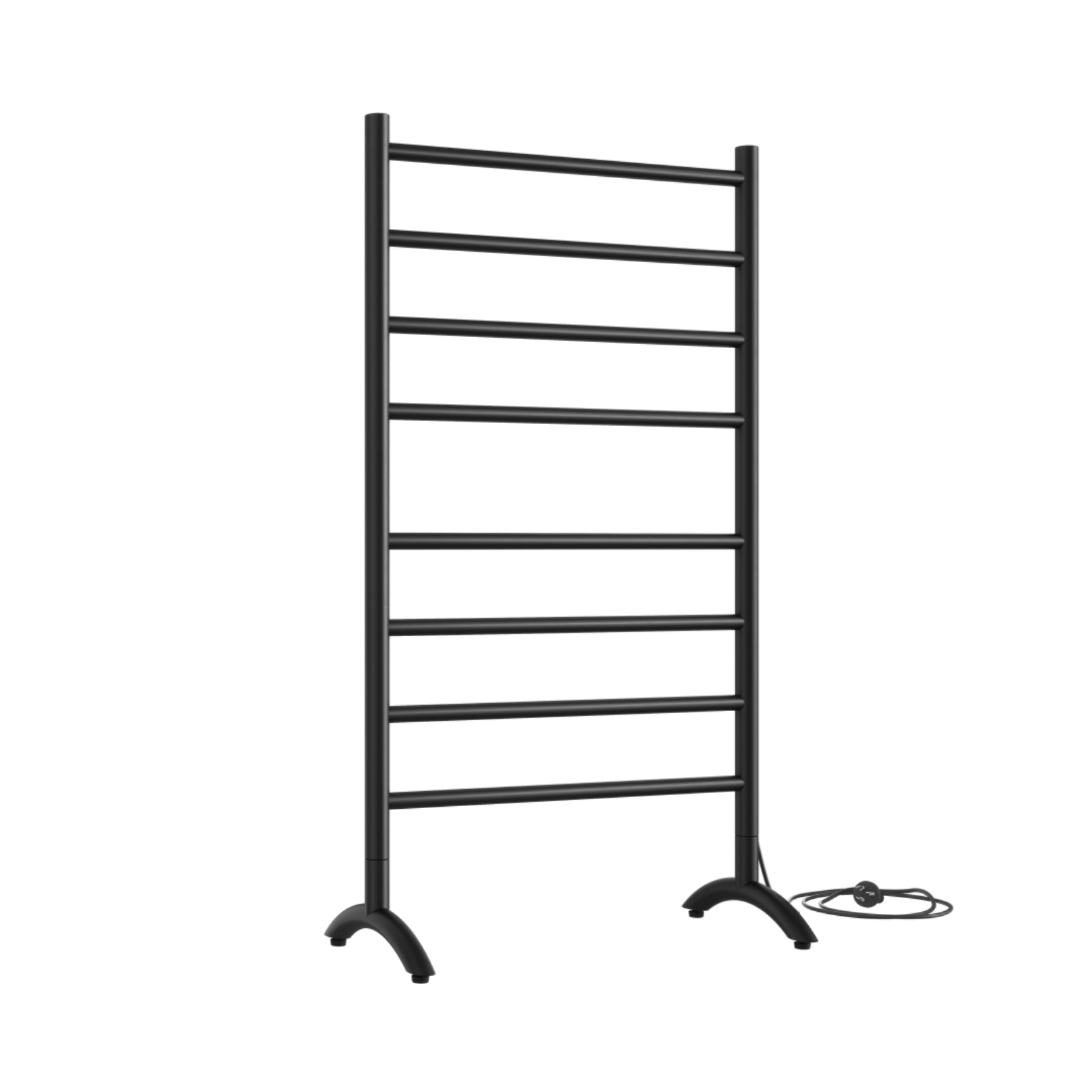 Thermogroup freestanding heated towel rail in matt black, straight round 8-bar design with plug-in lead and curved feet