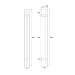 Thermogroup Thermorail vertical heated towel rail technical drawing, 900 x 75 x 100mm, brushed nickel round triple tube profile
