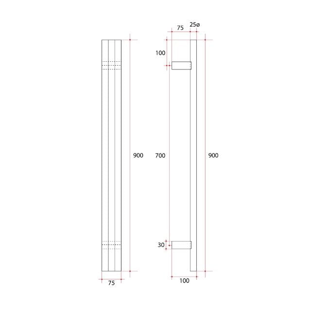 Thermogroup Thermorail vertical heated towel rail technical drawing, 900 x 75 x 100mm, brushed nickel round triple tube profile