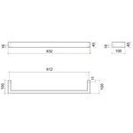 Technical drawing of Thermogroup square single heated towel rail, stainless steel, showing 632mm x 40mm x 100mm dimensions