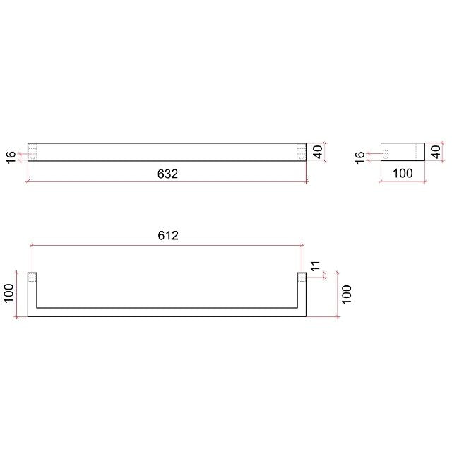 Technical drawing of Thermogroup square single heated towel rail, stainless steel, showing 632mm x 40mm x 100mm dimensions