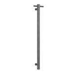 Thermogroup Thermorail vertical heated towel rail in brushed gun metal, single round bar with optional hook, front view
