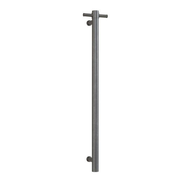 Thermogroup brushed gun metal heated towel rail, vertical single bar with optional hook on white background
