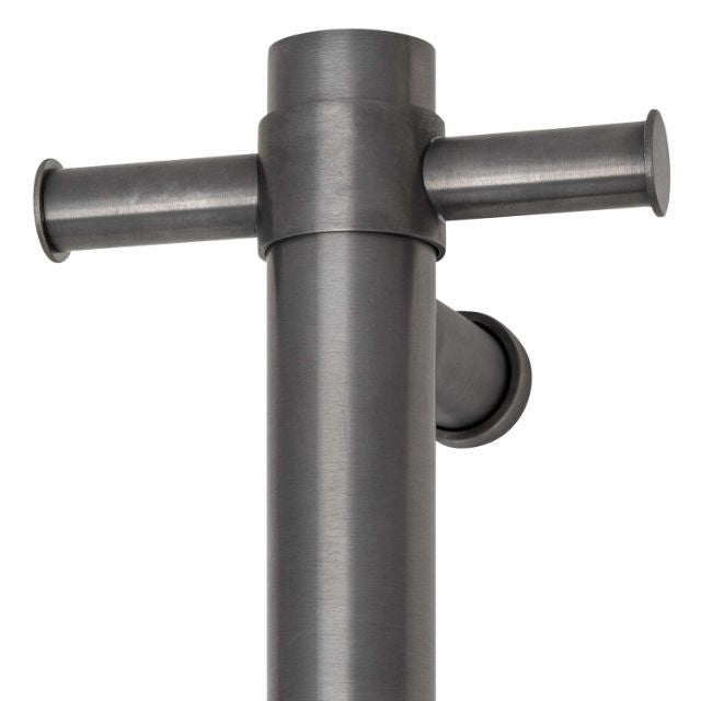 Thermogroup Thermorail vertical heated towel rail in brushed gun metal, close-up with optional top hook