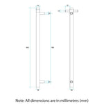 Thermogroup Thermorail vertical heated towel rail technical drawing, brushed gun metal, 900mm high with dimensions marked