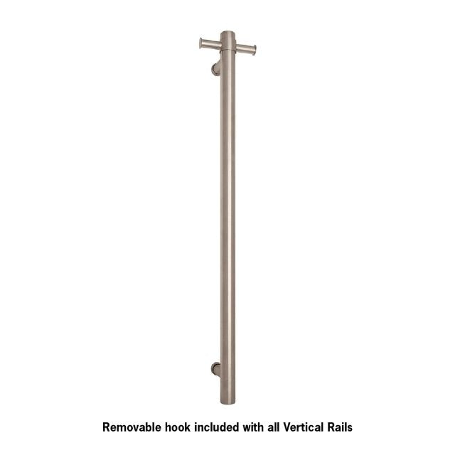 Thermogroup brushed stainless vertical towel rail with removable hook, straight round bar on white background