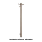 Thermogroup brushed stainless vertical towel rail with removable hook, straight round bar on white background