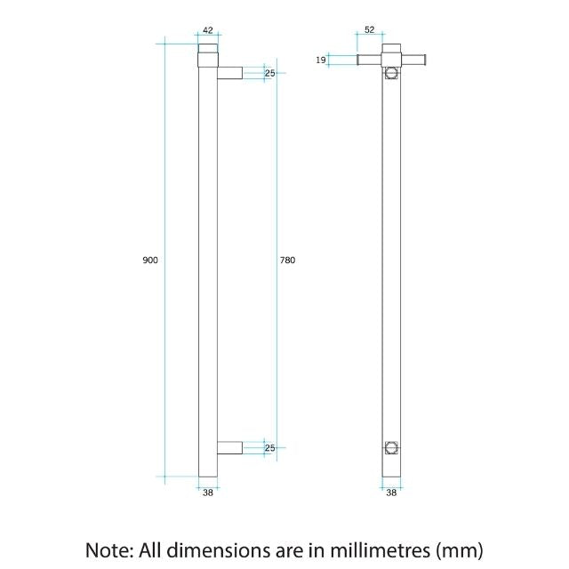 Thermogroup Thermorail vertical towel rail technical drawing in brushed stainless, showing 900mm height and 780mm fixing centres
