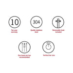 Thermogroup Thermorail stainless steel vertical towel rail icons showing 10 year warranty, 304 steel and removable hook