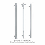 Thermogroup polished stainless vertical towel rail, straight round single bar, with optional hook shown in three views