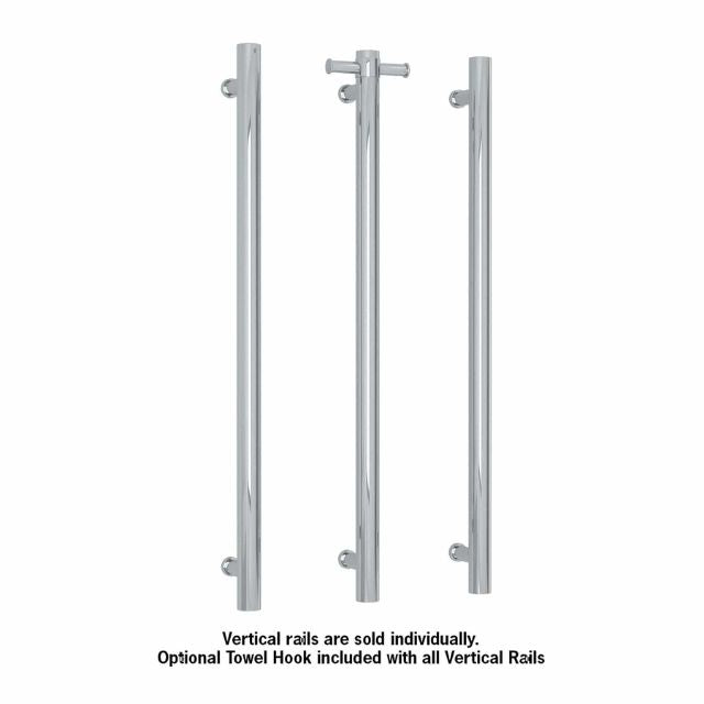 Thermogroup polished stainless vertical towel rail, straight round single bar, with optional hook shown in three views