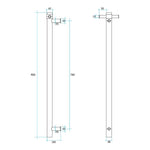 Thermogroup Thermorail stainless steel vertical towel rail technical drawing, 900mm high with optional top hook detail